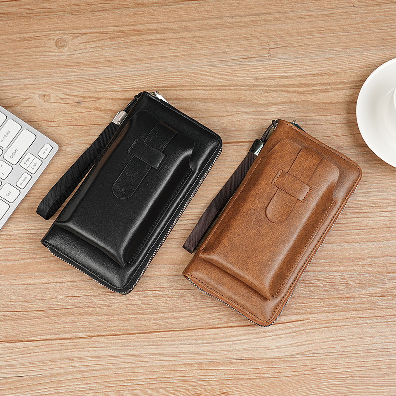 Vyrinė PU mobiliojo telefono dėklas su užtrauktuku, vertikalios kvadrato formos, didelis banknotų klipsas, vidus sintetinė oda