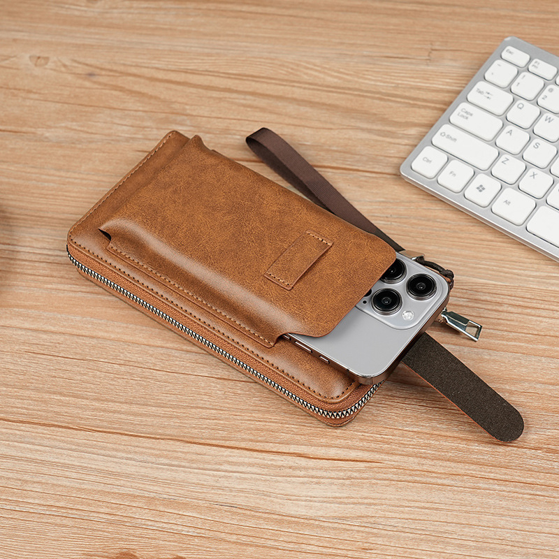 Vyrinė PU mobiliojo telefono dėklas su užtrauktuku, vertikalios kvadrato formos, didelis banknotų klipsas, vidus sintetinė oda