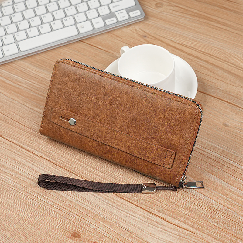 Vyrinė PU mobiliojo telefono dėklas su užtrauktuku, vertikalios kvadrato formos, didelis banknotų klipsas, vidus sintetinė oda