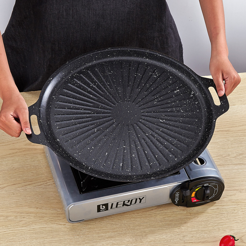 Korejos stiliaus ketaus teppanyaki keptuvė su Maifan akmeni, be dūmų, nelipni, nešiojama, apvali