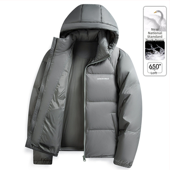 Vyrinė pūkinė striukė su gobtuvu - 650 pūko užpildas, kašmyras 86–90%, nailoninė išorė, įprastas ilgis, užtrauktukas