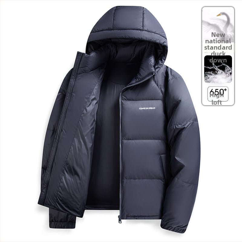 Vyrinė pūkinė striukė su gobtuvu - 650 pūko užpildas, kašmyras 86–90%, nailoninė išorė, įprastas ilgis, užtrauktukas