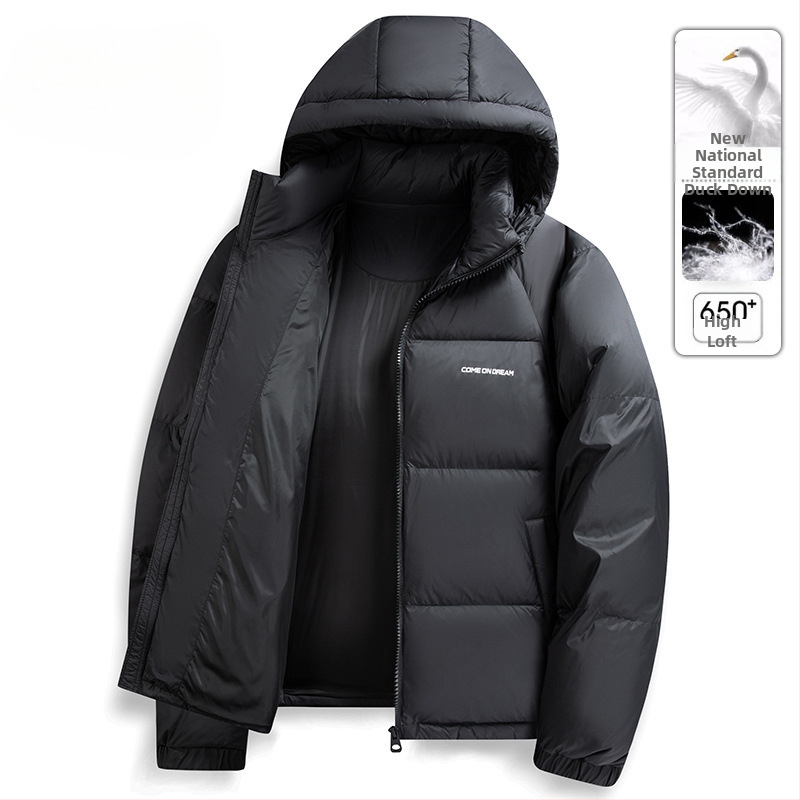Мъжко пухено яке с качулка - пух от патешки пера, 650 Fill Power, кашмир 86–90%, нейлонова външна материя, нормална дължина, цип