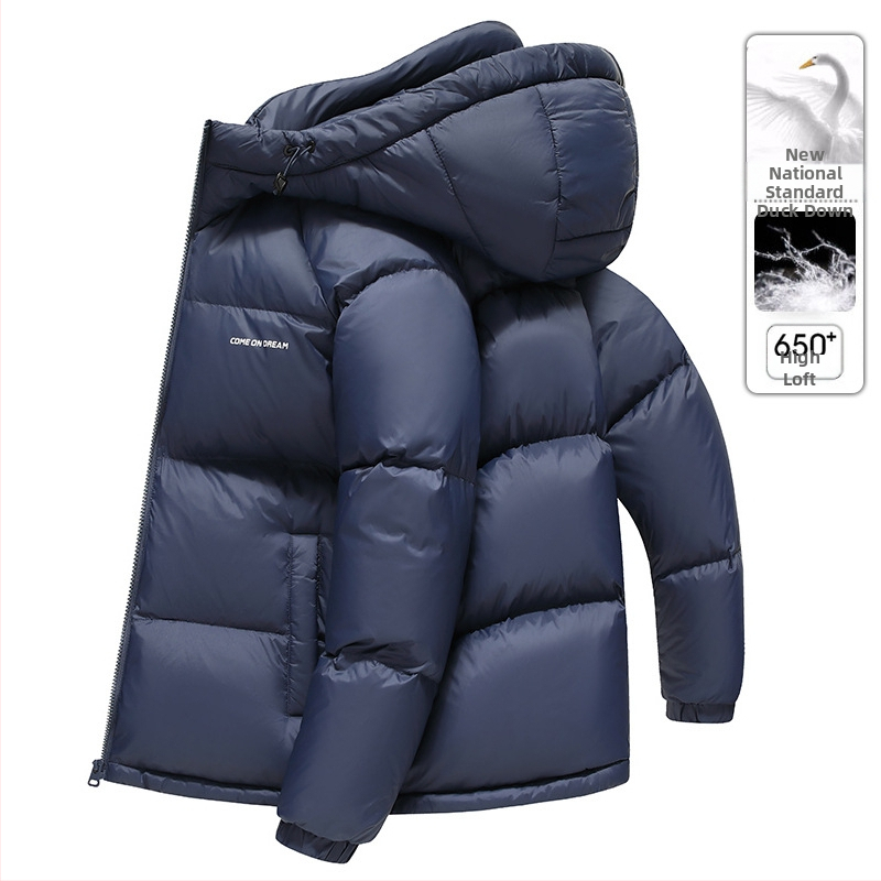Мъжко пухено яке с качулка - пух от патешки пера, 650 Fill Power, кашмир 86–90%, нейлонова външна материя, нормална дължина, цип