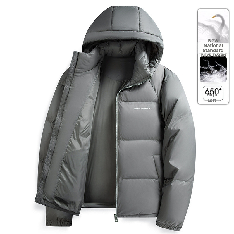 Мъжко пухено яке с качулка - пух от патешки пера, 650 Fill Power, кашмир 86–90%, нейлонова външна материя, нормална дължина, цип