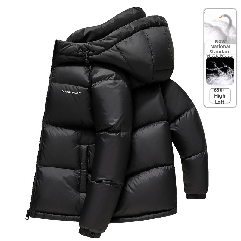 Мъжко пухено яке с качулка - пух от патешки пера, 650 Fill Power, кашмир 86–90%, нейлонова външна материя, нормална дължина, цип