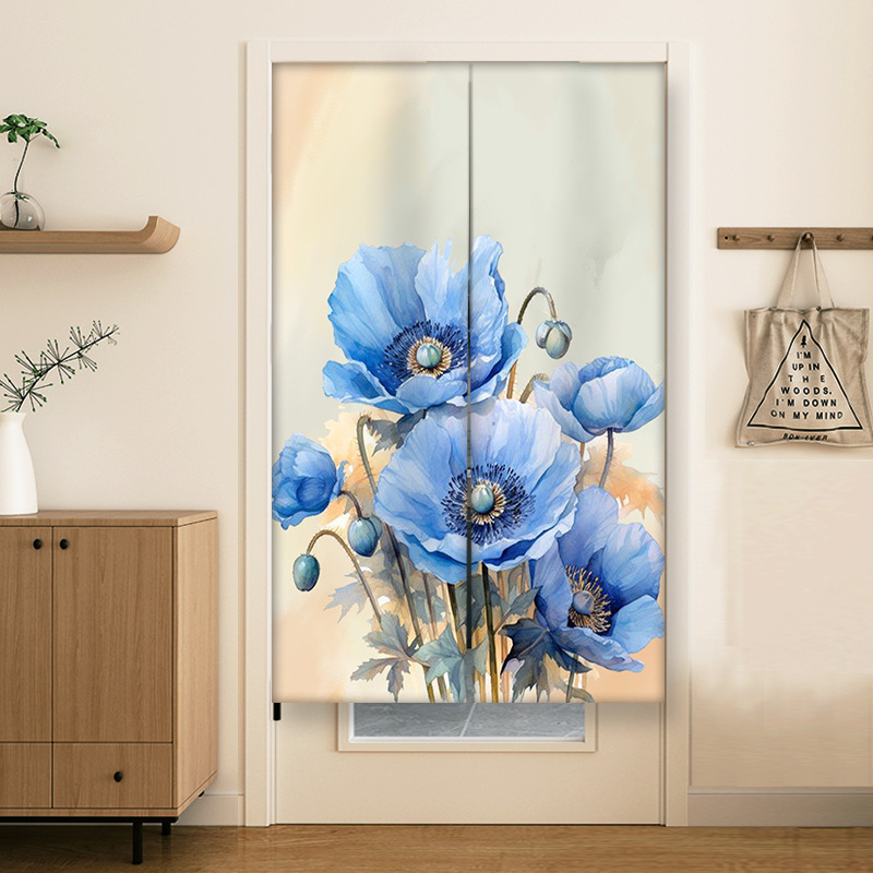 Durų užuolaida su akvarelės gėlių spauda, poliesterio audinys, piešinių stilius, virtuvei, voniai ir restoranui