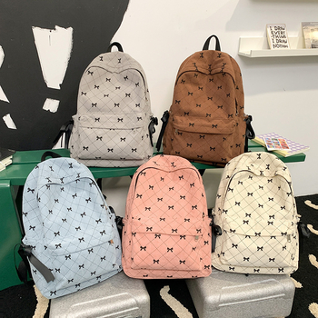 Γυναικεία σχολική τσάντα πλάτης με φιόγκο και γεωμετρικό μοτίβο | 20–35 λ, συμβατό με φορητό 15 ιντσών, λειτουργία επέκτασης, καμπύλες ιμάντες ώμου