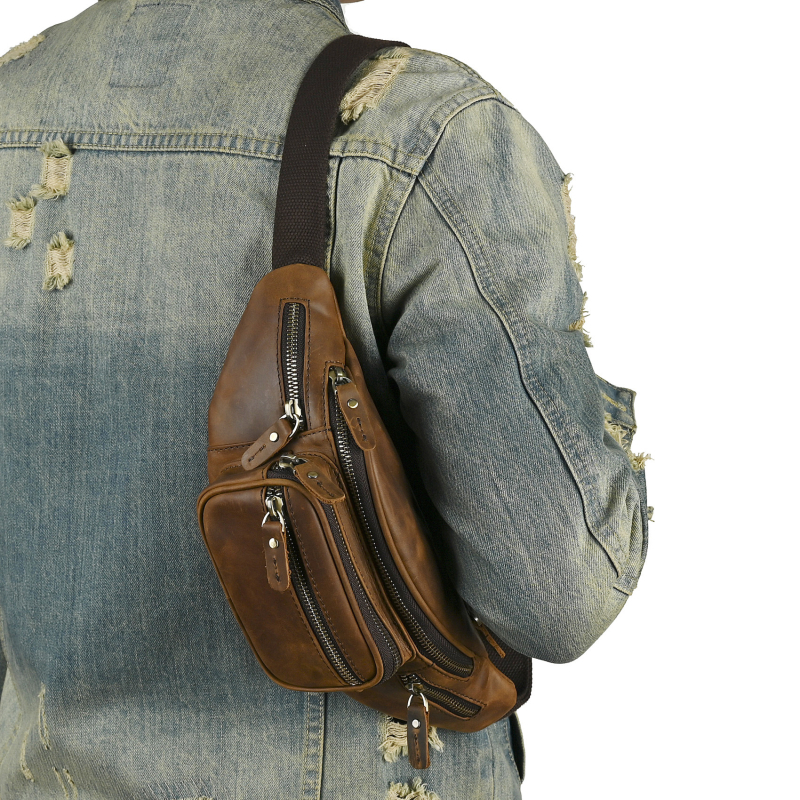 Vīriešu krūšu soma no īstas ādas ar anti-zādzības dizainu, iekšpuse no poliestera un kokvilnas, izlaidums 2021. gada rudens