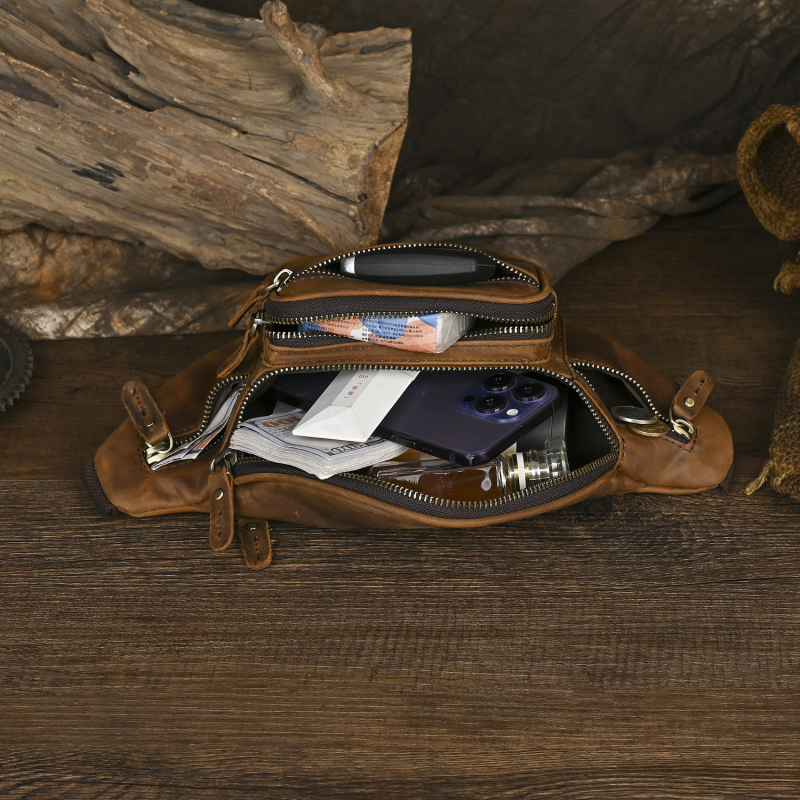 Vīriešu krūšu soma no īstas ādas ar anti-zādzības dizainu, iekšpuse no poliestera un kokvilnas, izlaidums 2021. gada rudens