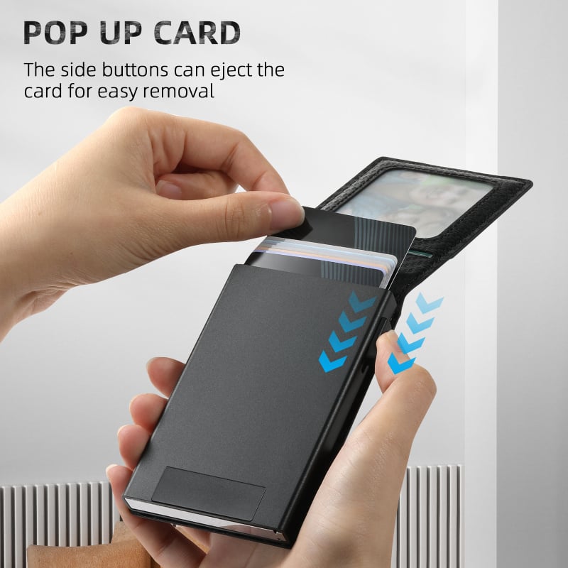 Kartes turētājs ar automatisku izvirzīšanu, imitētā āda, anti-pirkstu nospiedumu virsma, magnētiskais turētājs, roku darbs