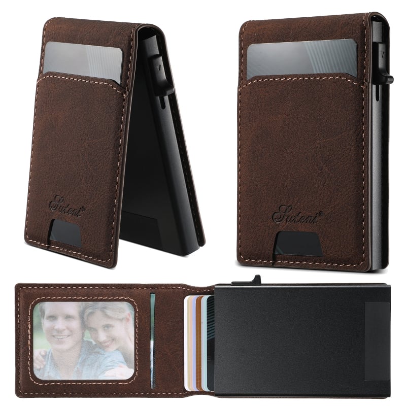 Kartes turētājs ar automatisku izvirzīšanu, imitētā āda, anti-pirkstu nospiedumu virsma, magnētiskais turētājs, roku darbs