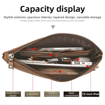 Verslo retro rankinė iš tikros odos su RFID apsauga ir anti-magnetiniu paviršiumi; užtraukties uždarymas; vidinė struktūra: užtrauktinės kišenė, ID kišenė ir kortelių kišenės