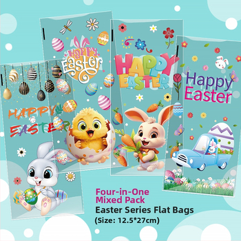 Velykų OPP plokščiojo kišeninio maišelio su triušio ir kiaušinių ornamentu, skirtas sausainių ir saldumynų įpakavimui; plastikas, be logotipo, plokščio peilio pjovimas; Yiwu kunfa prekinis ženklas