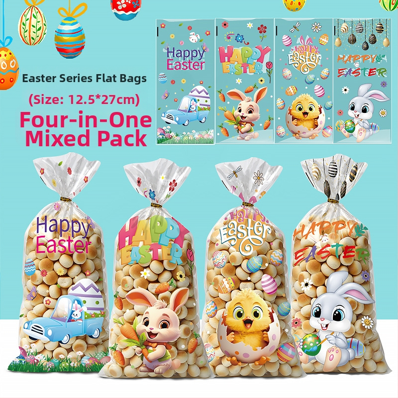 Velykų OPP plokščiojo kišeninio maišelio su triušio ir kiaušinių ornamentu, skirtas sausainių ir saldumynų įpakavimui; plastikas, be logotipo, plokščio peilio pjovimas; Yiwu kunfa prekinis ženklas