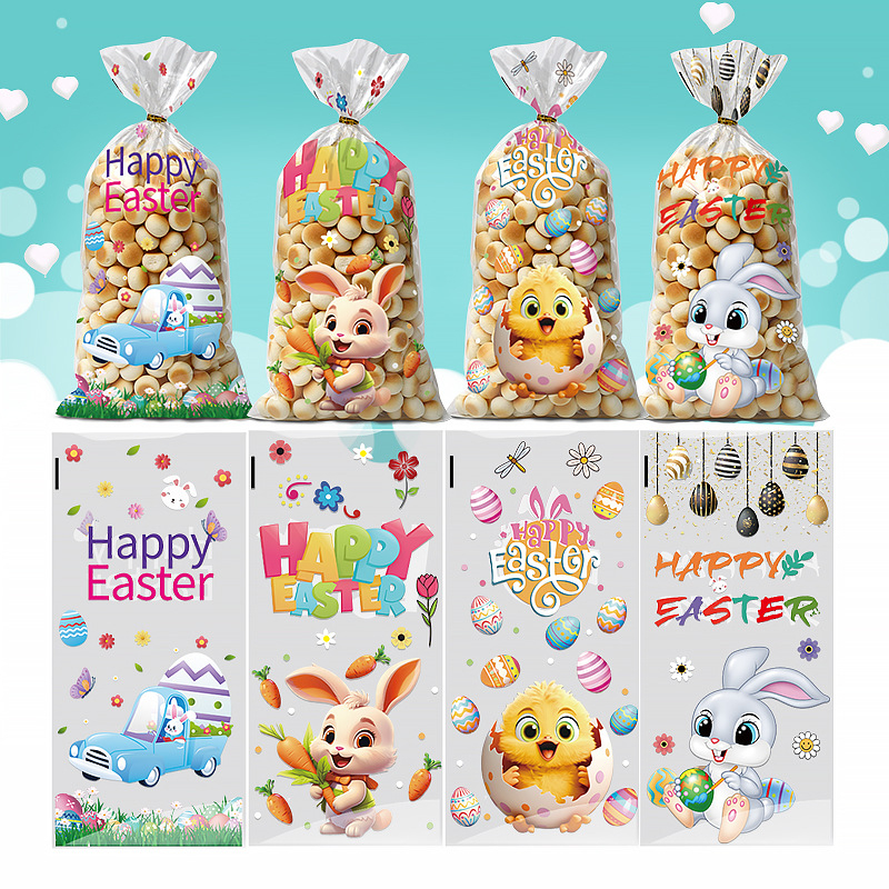 Velykų OPP plokščiojo kišeninio maišelio su triušio ir kiaušinių ornamentu, skirtas sausainių ir saldumynų įpakavimui; plastikas, be logotipo, plokščio peilio pjovimas; Yiwu kunfa prekinis ženklas