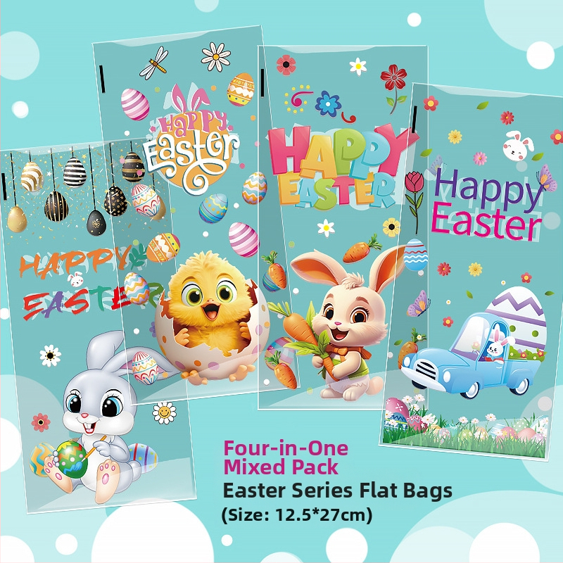 OPP плоска торбичка за Великден със зайче и яйца за пакетиране на бисквити и подаръци; пластмасова, без лого, горещо рязане с плосък нож; марка Yiwu kunfa