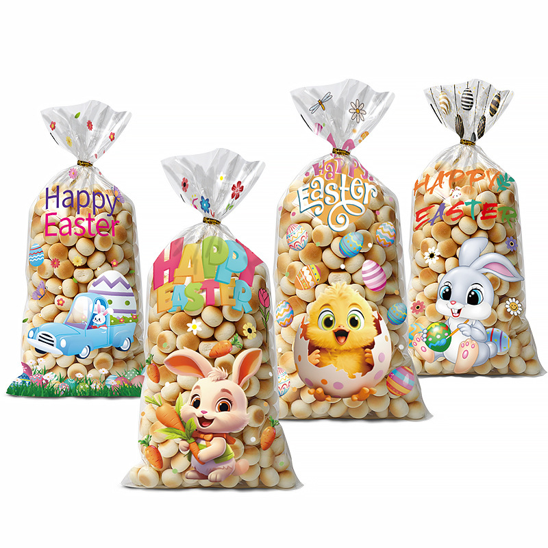 Velykų OPP plokščiojo kišeninio maišelio su triušio ir kiaušinių ornamentu, skirtas sausainių ir saldumynų įpakavimui; plastikas, be logotipo, plokščio peilio pjovimas; Yiwu kunfa prekinis ženklas