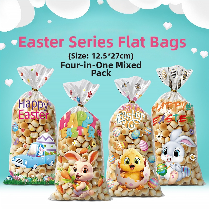 Velykų OPP plokščiojo kišeninio maišelio su triušio ir kiaušinių ornamentu, skirtas sausainių ir saldumynų įpakavimui; plastikas, be logotipo, plokščio peilio pjovimas; Yiwu kunfa prekinis ženklas