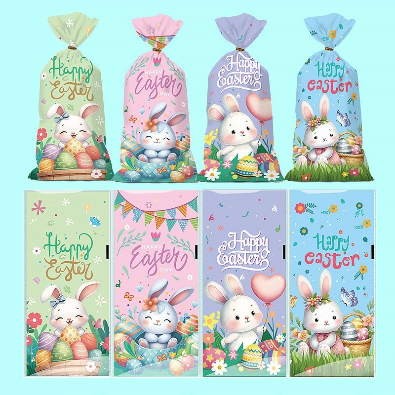 Velykų OPP plokščiojo kišeninio maišelio su triušio ir kiaušinių ornamentu, skirtas sausainių ir saldumynų įpakavimui; plastikas, be logotipo, plokščio peilio pjovimas; Yiwu kunfa prekinis ženklas