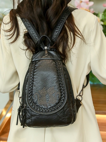 Rucsac crossbody din PU pentru femei, cu buzunar interior, închidere cu fermoar, căptușeală poliester, textură moale, interior cu multiple buzunare