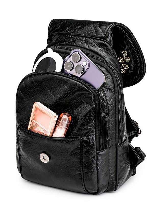 Rucsac crossbody din PU pentru femei, cu buzunar interior, închidere cu fermoar, căptușeală poliester, textură moale, interior cu multiple buzunare