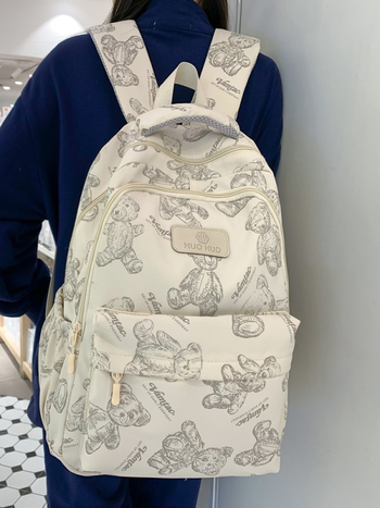 Σακίδιο γυμνασίου με εκτύπωση αρκούδας — νάιλον σώμα, επένδυση πολυεστέρα, καμπύλες ιμάντες ώμου