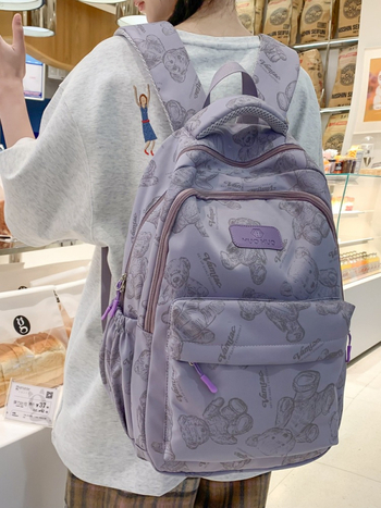 Σακίδιο γυμνασίου με εκτύπωση αρκούδας — νάιλον σώμα, επένδυση πολυεστέρα, καμπύλες ιμάντες ώμου