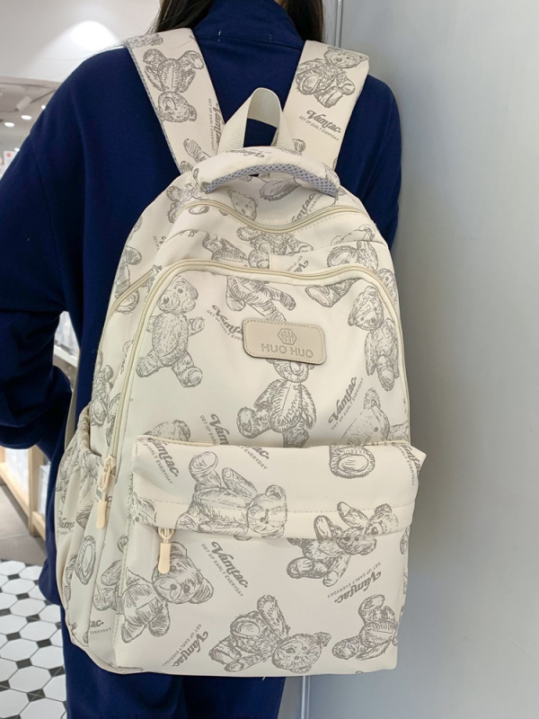 Σακίδιο γυμνασίου με εκτύπωση αρκούδας — νάιλον σώμα, επένδυση πολυεστέρα, καμπύλες ιμάντες ώμου