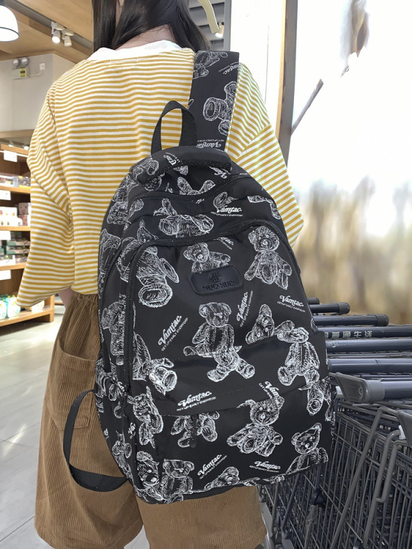 Σακίδιο γυμνασίου με εκτύπωση αρκούδας — νάιλον σώμα, επένδυση πολυεστέρα, καμπύλες ιμάντες ώμου