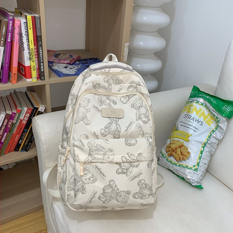 Σακίδιο γυμνασίου με εκτύπωση αρκούδας — νάιλον σώμα, επένδυση πολυεστέρα, καμπύλες ιμάντες ώμου