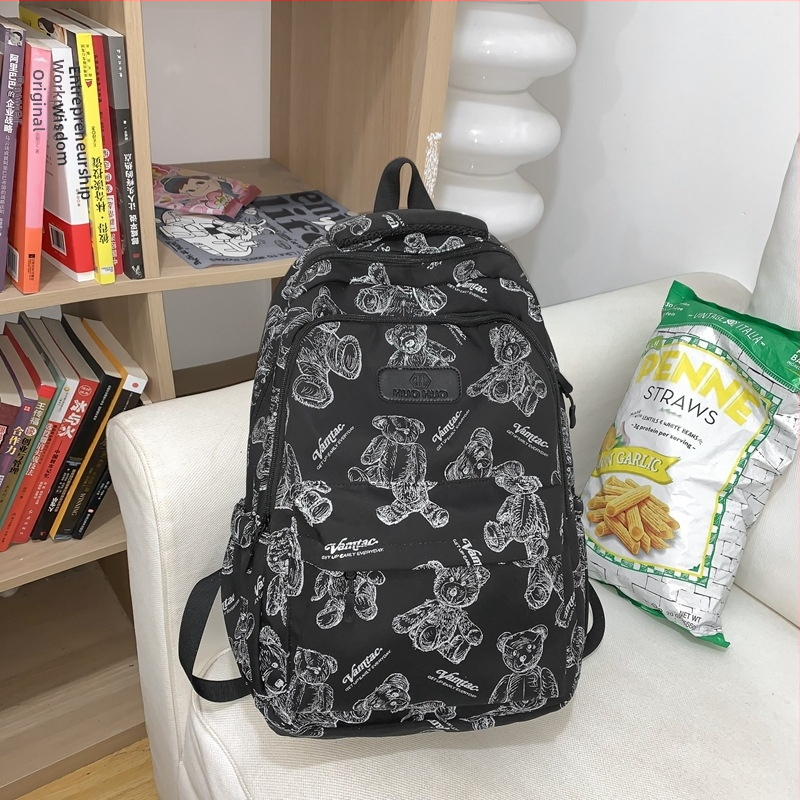 Σακίδιο γυμνασίου με εκτύπωση αρκούδας — νάιλον σώμα, επένδυση πολυεστέρα, καμπύλες ιμάντες ώμου