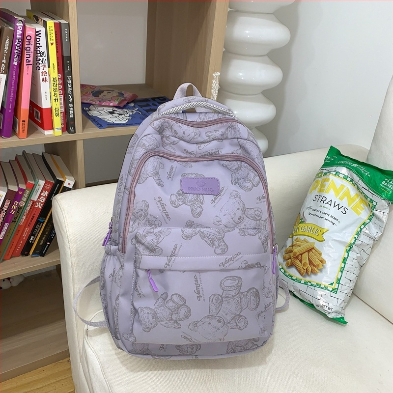 Σακίδιο γυμνασίου με εκτύπωση αρκούδας — νάιλον σώμα, επένδυση πολυεστέρα, καμπύλες ιμάντες ώμου