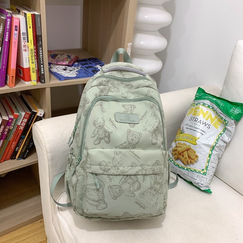 Σακίδιο γυμνασίου με εκτύπωση αρκούδας — νάιλον σώμα, επένδυση πολυεστέρα, καμπύλες ιμάντες ώμου