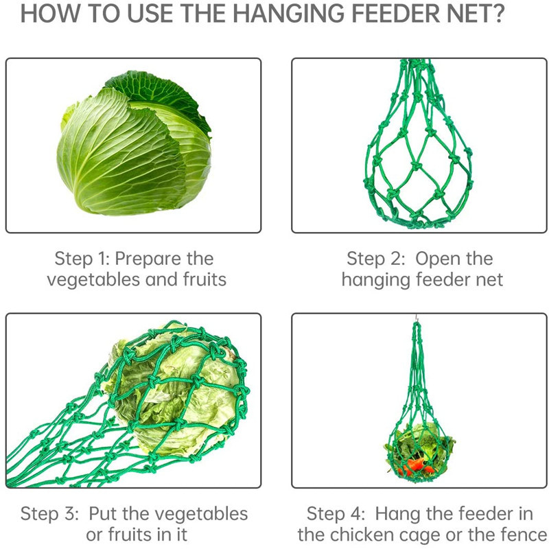 Найлонова захранваща мрежеста торба за кокошки, патици и гъски; висящ уред за търсене на храна с плодове и зеленчуци