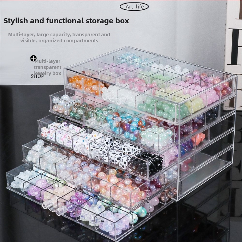 Atvilktņu tipa krellīšu uzglabāšanas kārba ar vairākām nodalēmām — plastmasas konstrukcija, juvelierizstrādājumu iepakojums