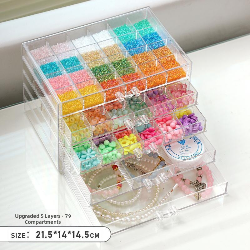 Atvilktņu tipa krellīšu uzglabāšanas kārba ar vairākām nodalēmām — plastmasas konstrukcija, juvelierizstrādājumu iepakojums