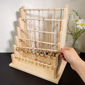 Masīva koka rokassprādžu un juvelierizstrādājumu displeja statīvs — četrstāvu kāpņu rāmis, šuvju darbs, pavasaris 2024