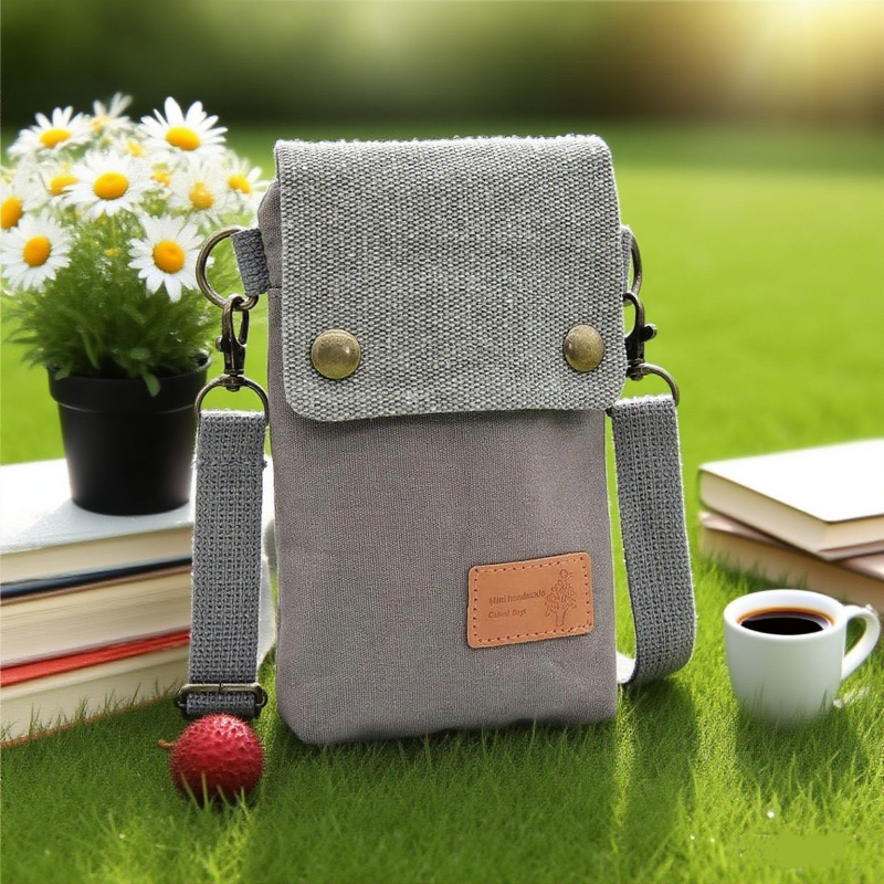 Τσάντα crossbody από καμβά για κινητό με καπάκι, βαμβακερή επένδυση, θήκη με φερμουάρ, θήκη για ταυτότητα
