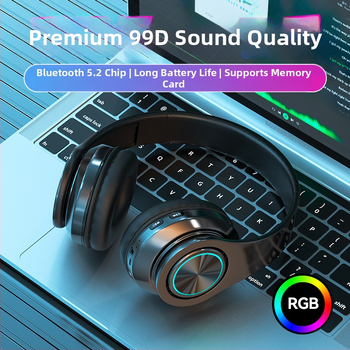 Безжични Bluetooth слушалки за глава с LED осветление, усилен бас, Bluetooth 5.2, обхват до 10 м, IPX3