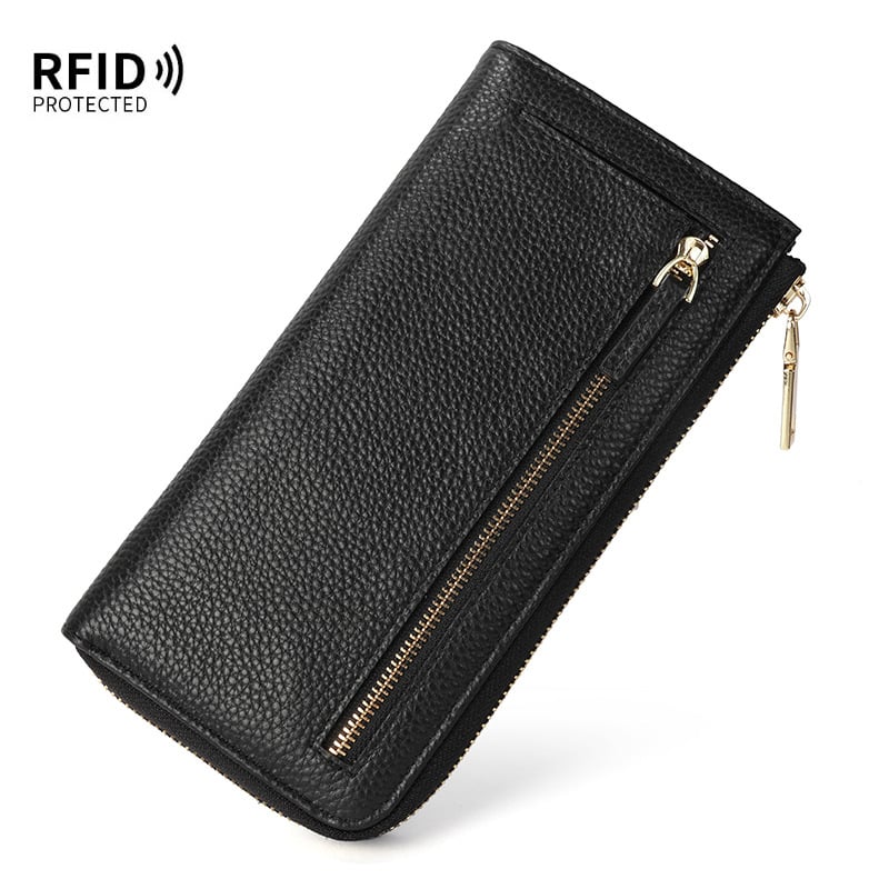Ženski kožni novčanik s RFID zaštitom, anti‑krađa, dugi L-oblik zatvarača, mikrovlakana podstava