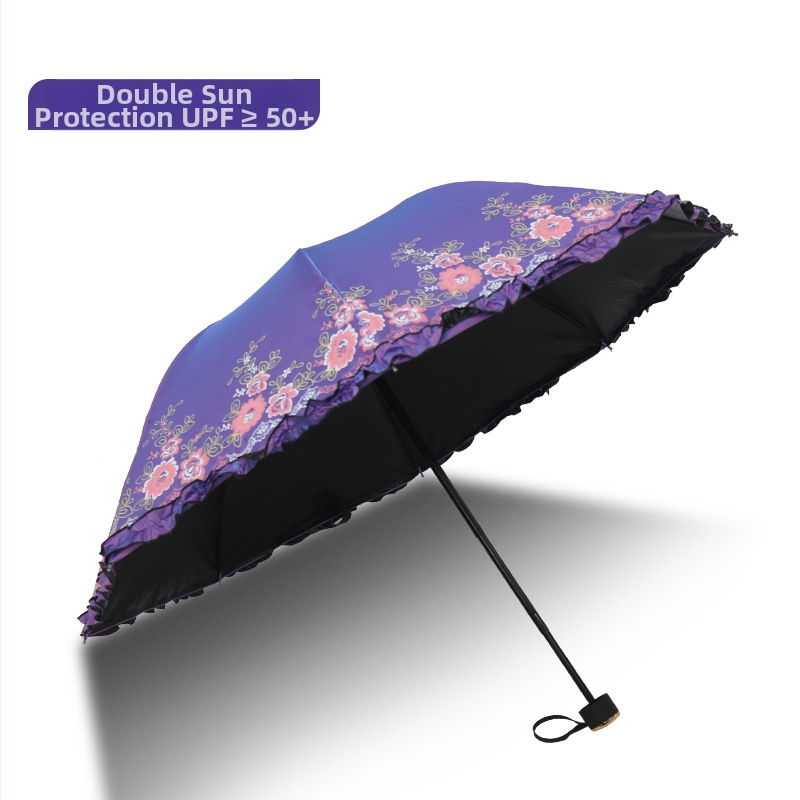 Сгъваем ретро чадър за слънце и дъжд, ръчно отваряне, 8-ребрен стоманен каркас, плат 190T, UPF 40+