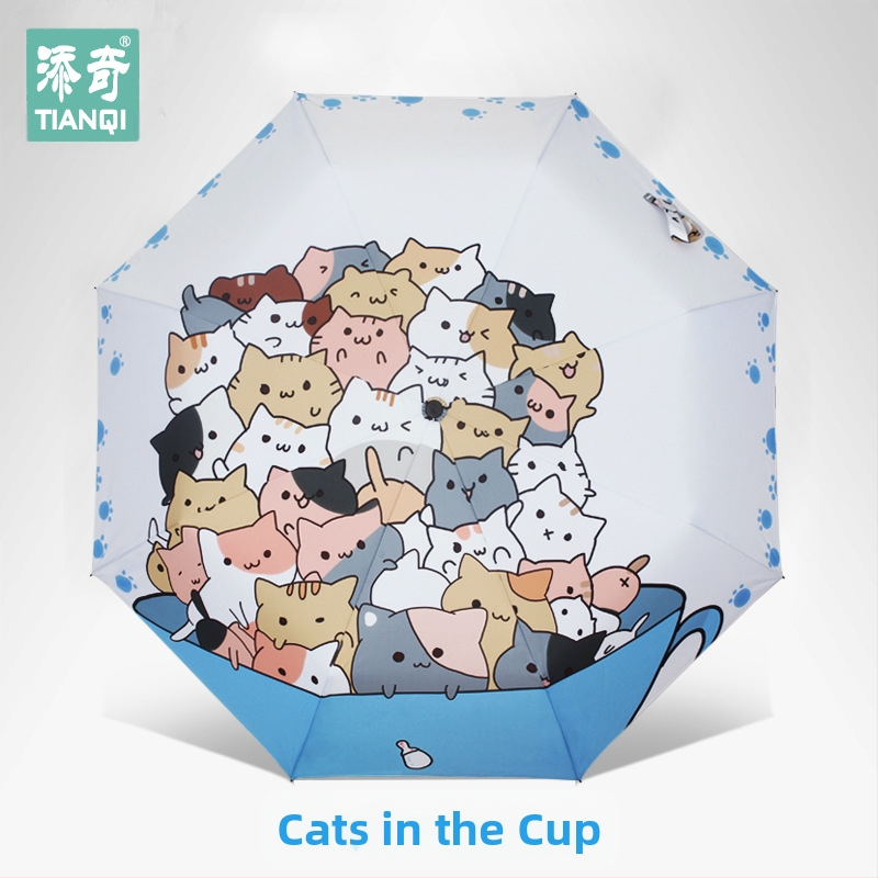 Kaķu karikatūras saules lietussargs - 3-slāņu, manuāla atvēršana, 8 tērauda ribas, 190T audums, UPF 40+