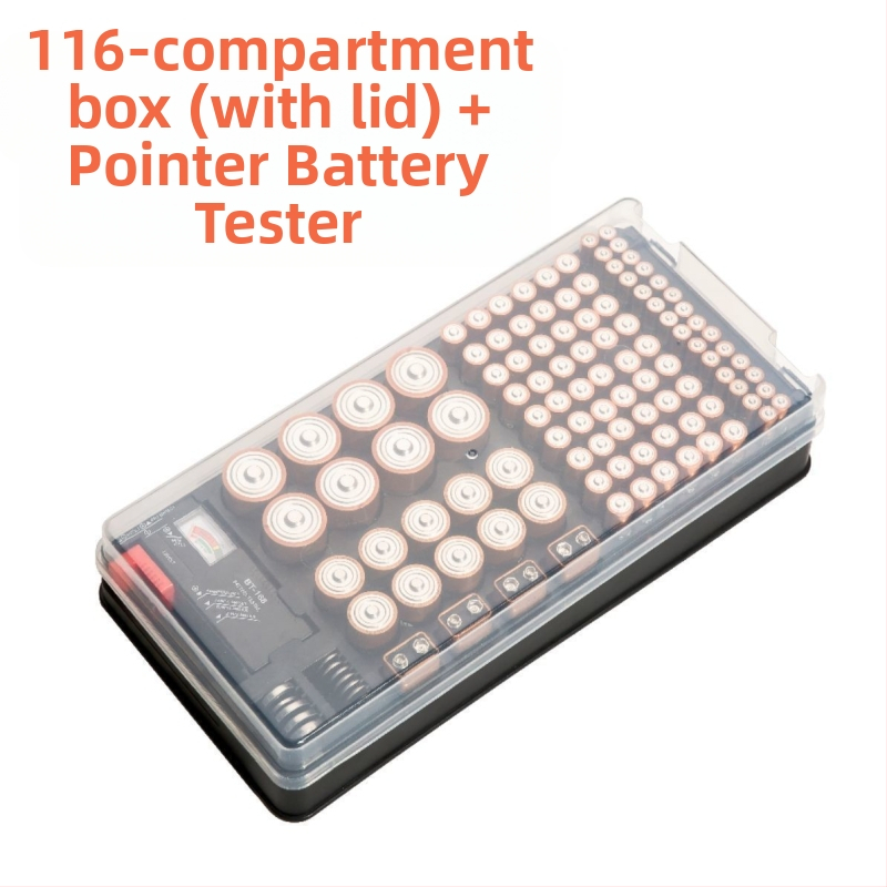 Кутия за съхранение на батерии с капак, 116 отделения, за батерийни клетки No.1, No.2, No.5, No.7 и 9V