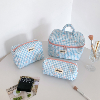 Καλλυντική τσάντα με καρό μοτίβο, φρέσκο και γλυκό στυλ, βαμβακερό υλικό, για αποθήκευση καλλυντικών και περιποίησης δέρματος, για γυναίκες