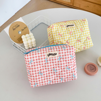 Καλλυντική τσάντα με καρό μοτίβο, φρέσκο και γλυκό στυλ, βαμβακερό υλικό, για αποθήκευση καλλυντικών και περιποίησης δέρματος, για γυναίκες