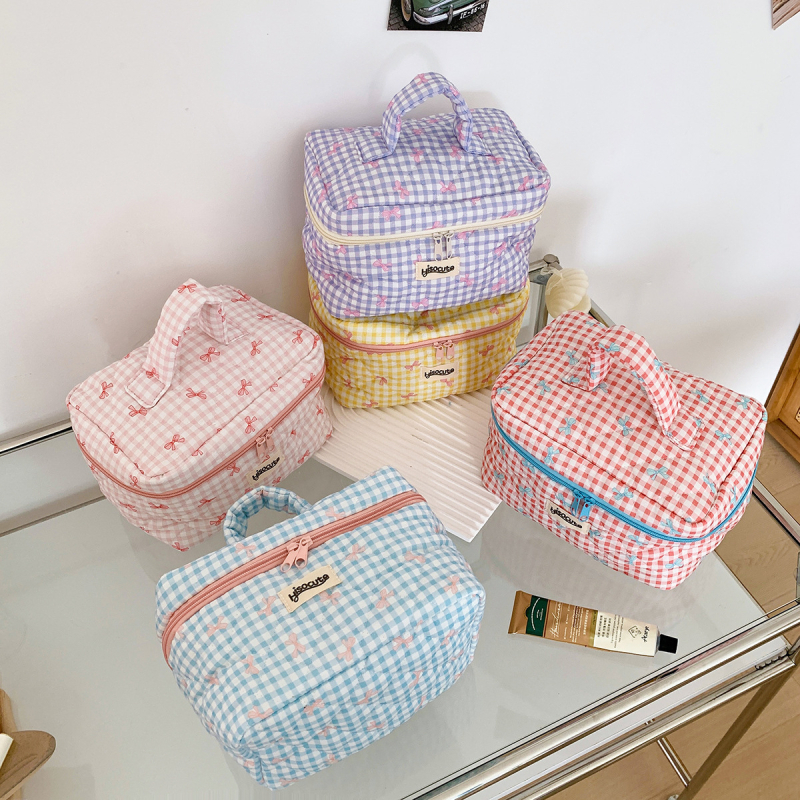 Geantă cosmetică cu model în carouri, stil proaspăt și dulce, material din bumbac, pentru depozitare de produse de machiaj și îngrijire a pielii, pentru femei