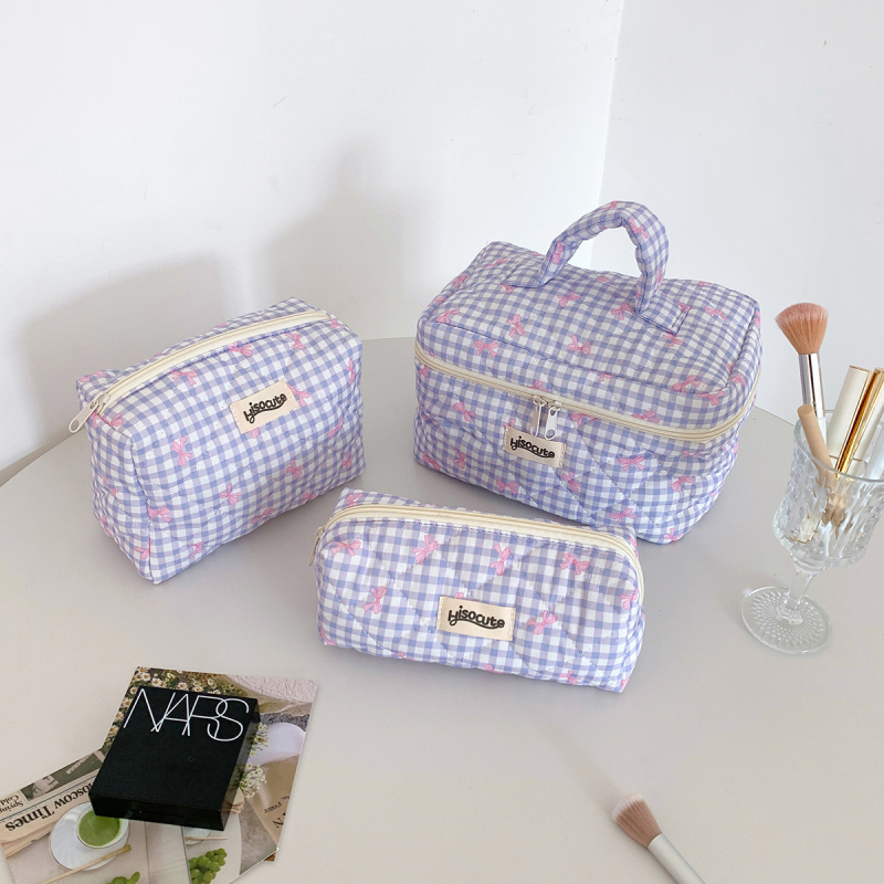 Geantă cosmetică cu model în carouri, stil proaspăt și dulce, material din bumbac, pentru depozitare de produse de machiaj și îngrijire a pielii, pentru femei