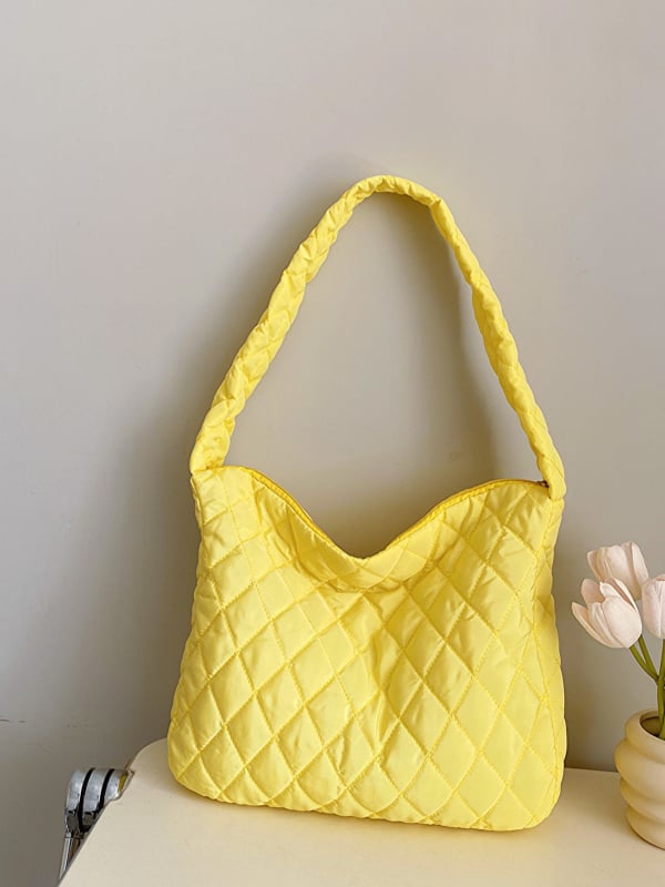 Nylon női tote táska, romb mintás hímzés, nagy kapacitás, cipzáras zárás, üzleti ingázás stílus.