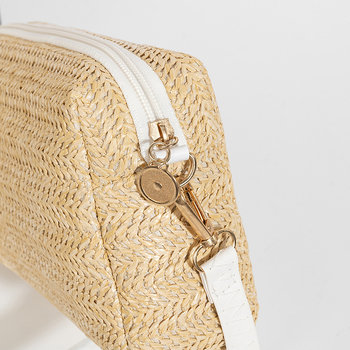 Geantă de umăr din paie, pentru femei, stil stradal, formă orizontală pătrată, închidere cu fermoar, fără căptușeală